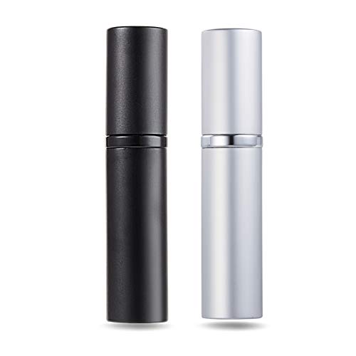 AsaNana Pulverizador de perfume rellenable, tecnología de llenado sin embudo, vaporizador vacío para viajes o bolso de mano, 5 ml (CLA-2P_Negro y plata)