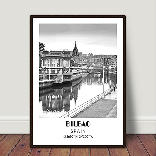 Póster de coordenadas de Bilbao, impresiones en blanco y negro, pintura en lienzo Vintage de viaje de España, imagen de moda, arte de pared for decoración moderna del hogar (Color : As Shown, Size :